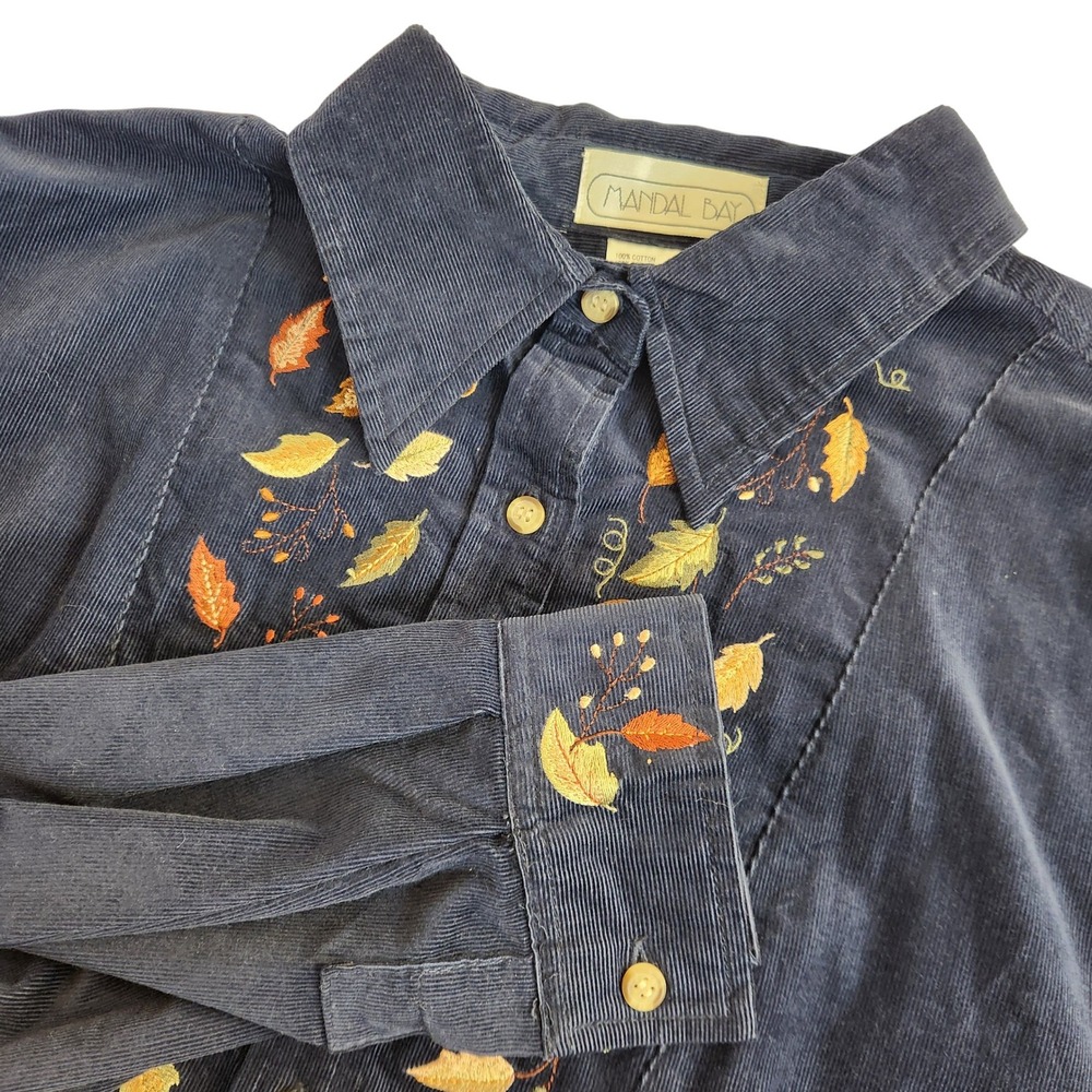 Mandal Bay Womens 1X Corduroy Shirt Button Down Fall Leaves Embroidered‎ Modest